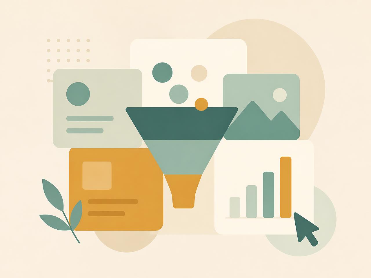 Abstract illustration of campaign cards, a funnel and rising bars, representing digital marketing