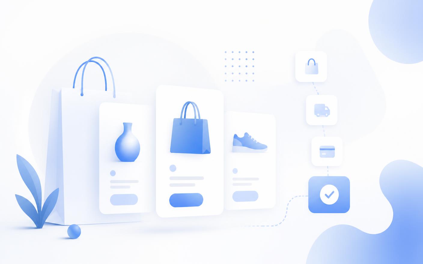 Abstract product cards and checkout flow illustration representing e-commerce design