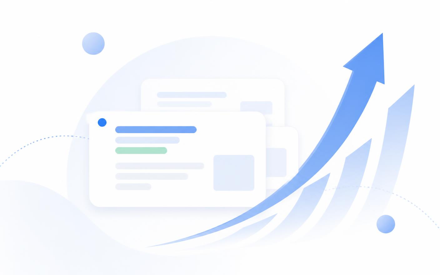 Abstract search result cards with a rising arrow, representing Google Ads campaigns