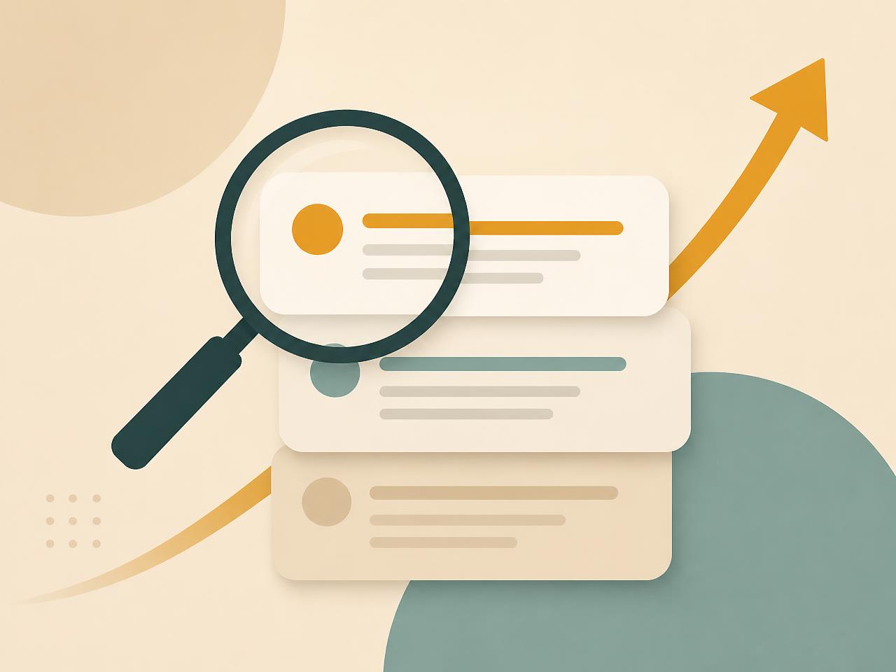 Abstract illustration of a magnifying glass over search results with a rising arrow, representing SEO