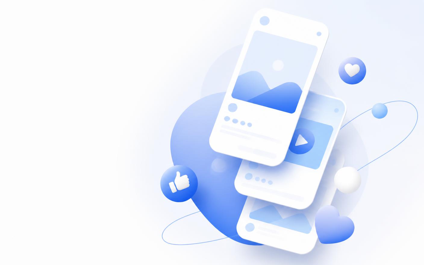 Abstract social media post cards with reaction icons, representing social media design